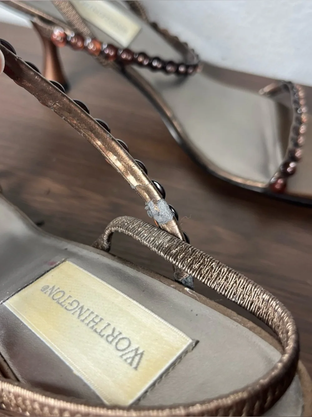 Vintage Brown Bronze Button Embellished Strappy Slingback Kitten Heels - Picture 6 of 10